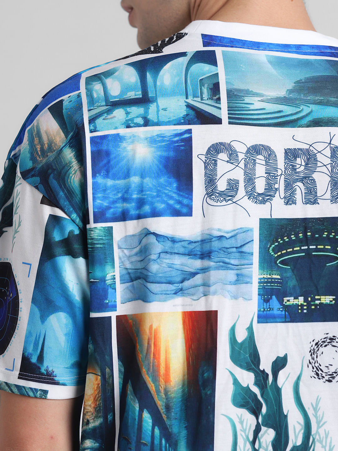 Blue Collage Print Oversized T-shirt