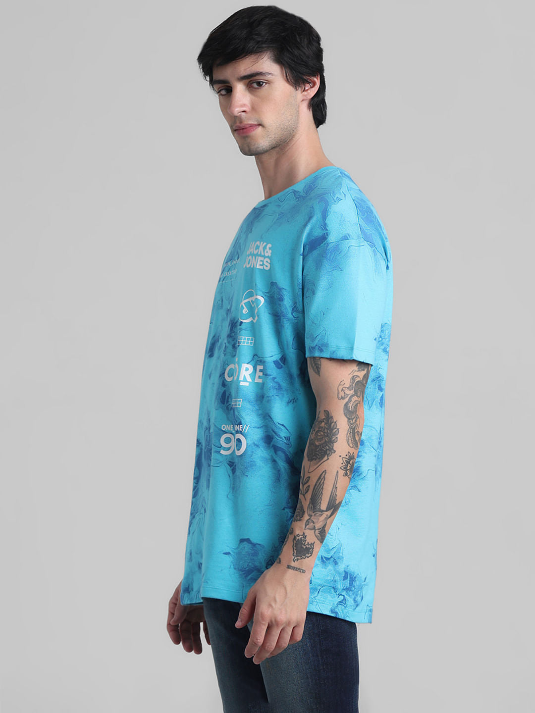 Blue Abstract Print Oversized Crew Neck T-shirt