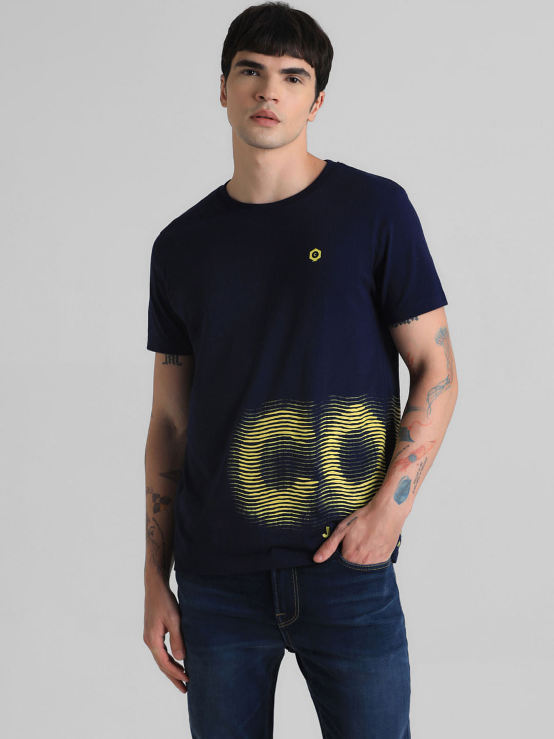 Dark Blue Printed Crew Neck T-shirt