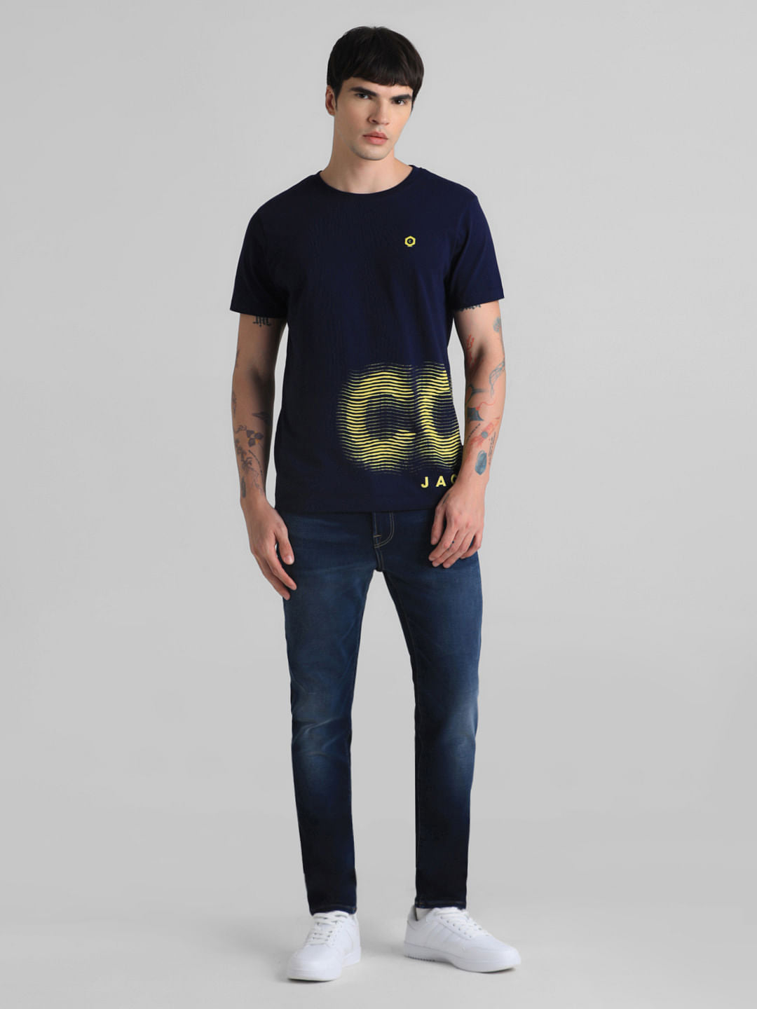Dark Blue Printed Crew Neck T-shirt