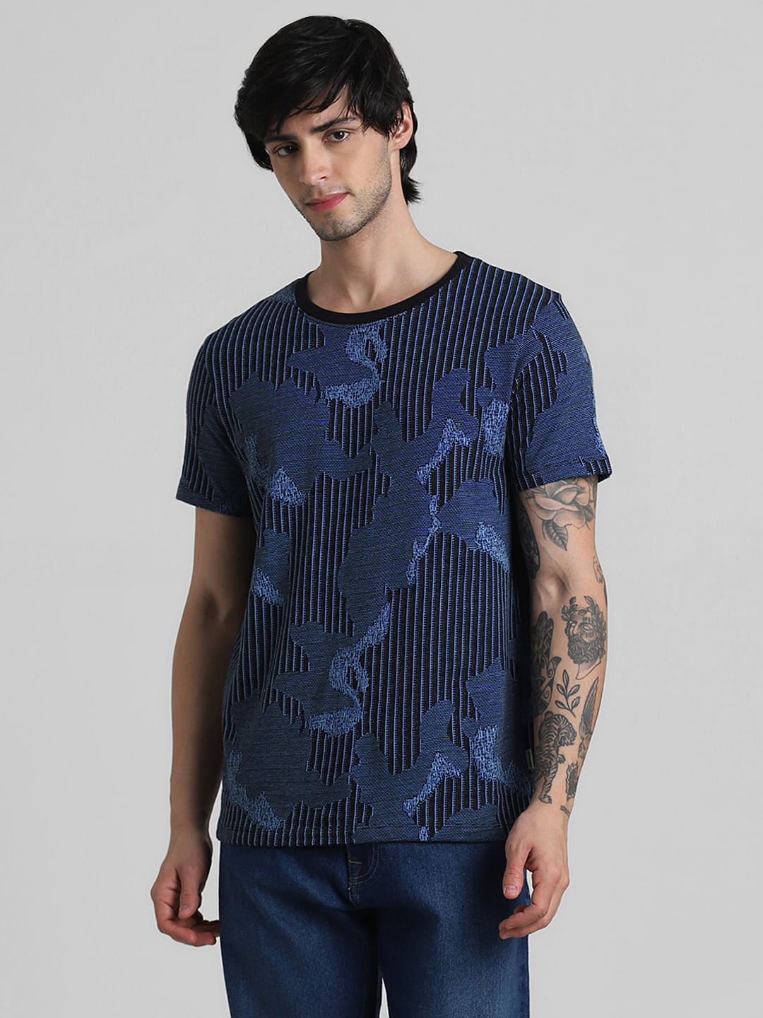 Blue Camo-Grid Jacquard T-shirt