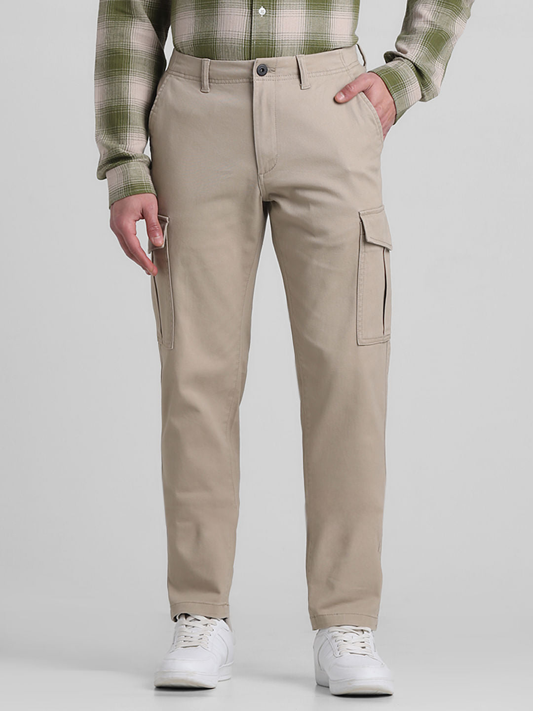 Beige Mid Rise Slim Fit Pants