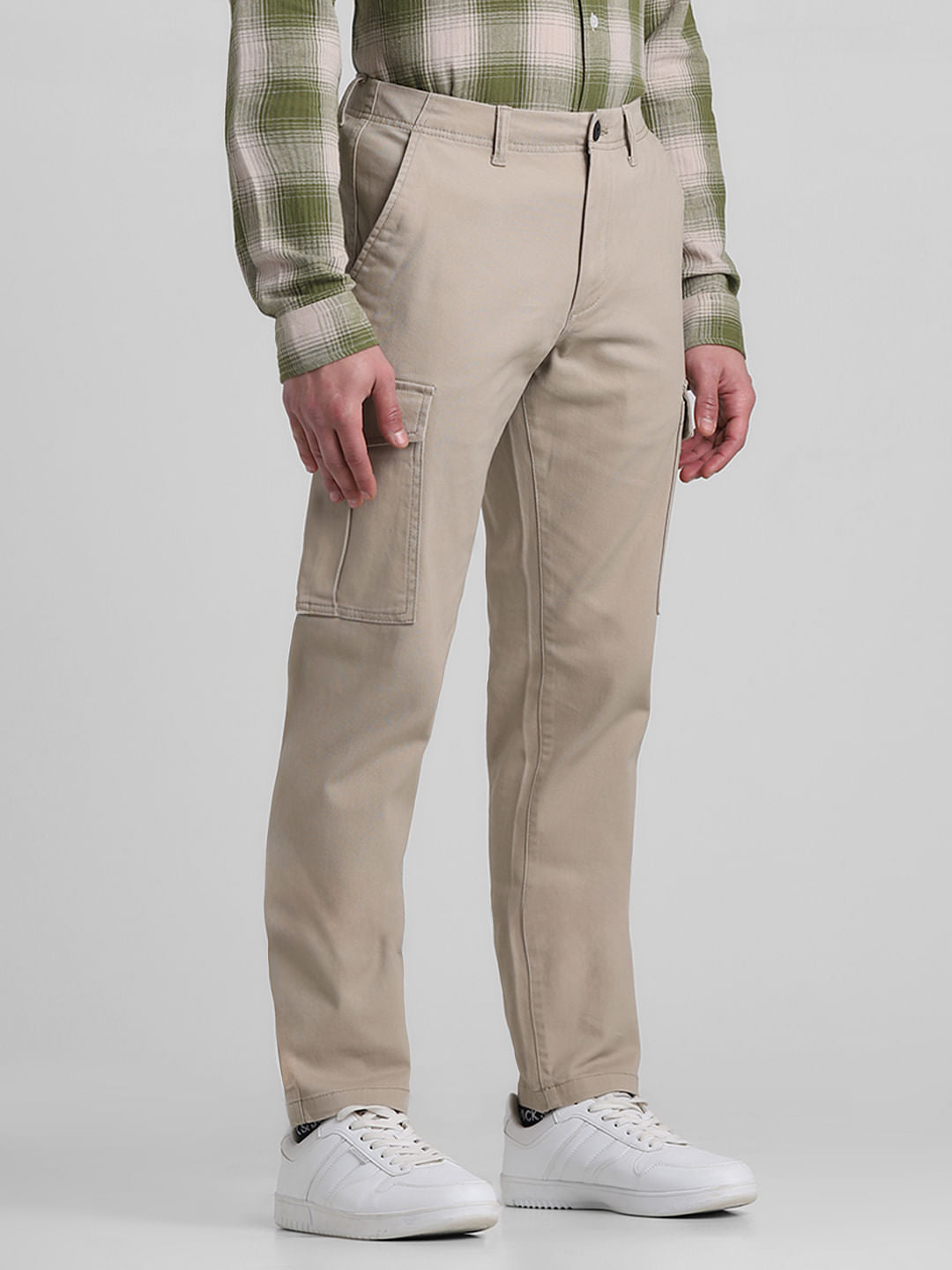 Beige Mid Rise Slim Fit Pants