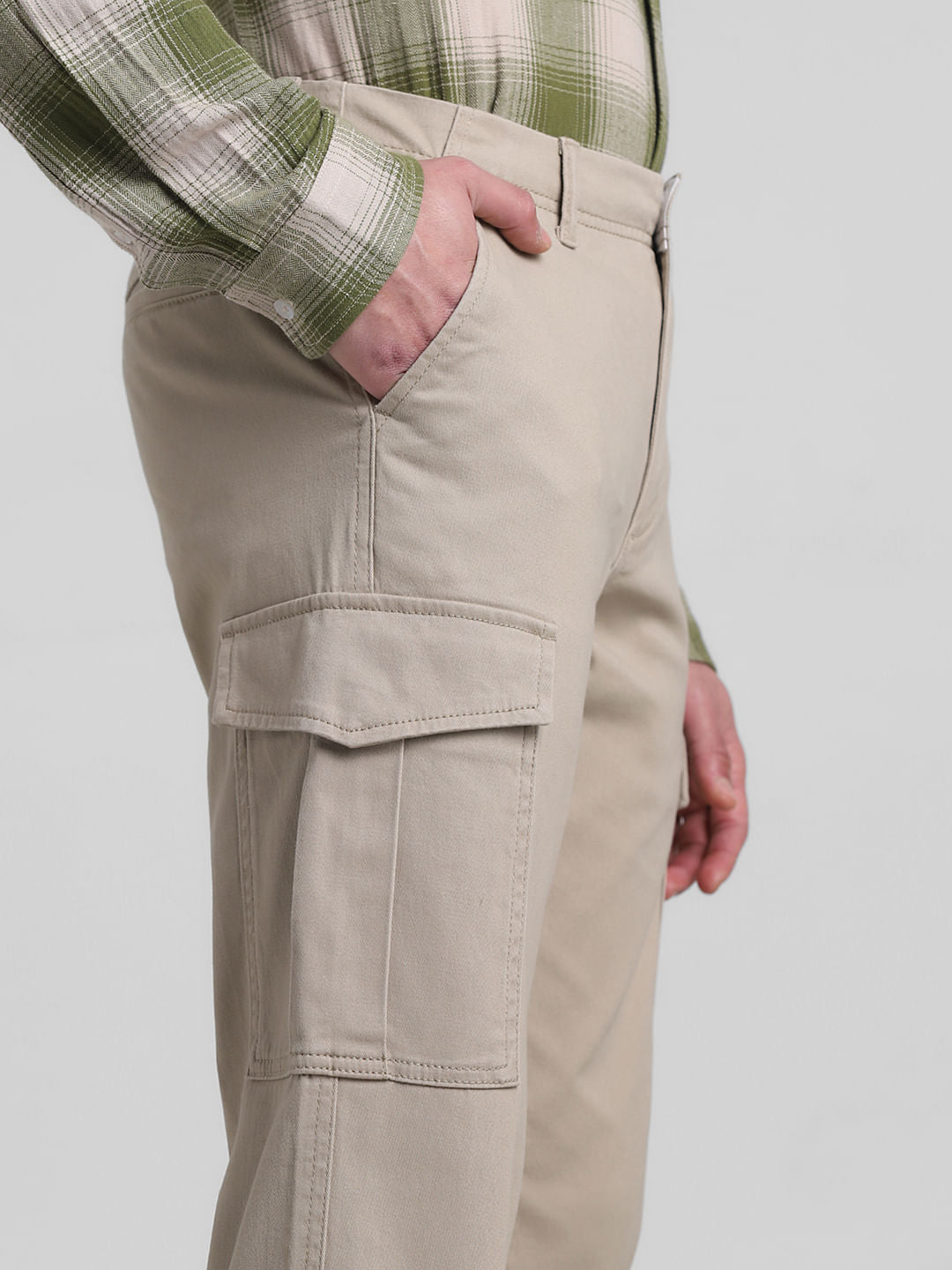 Beige Mid Rise Slim Fit Pants
