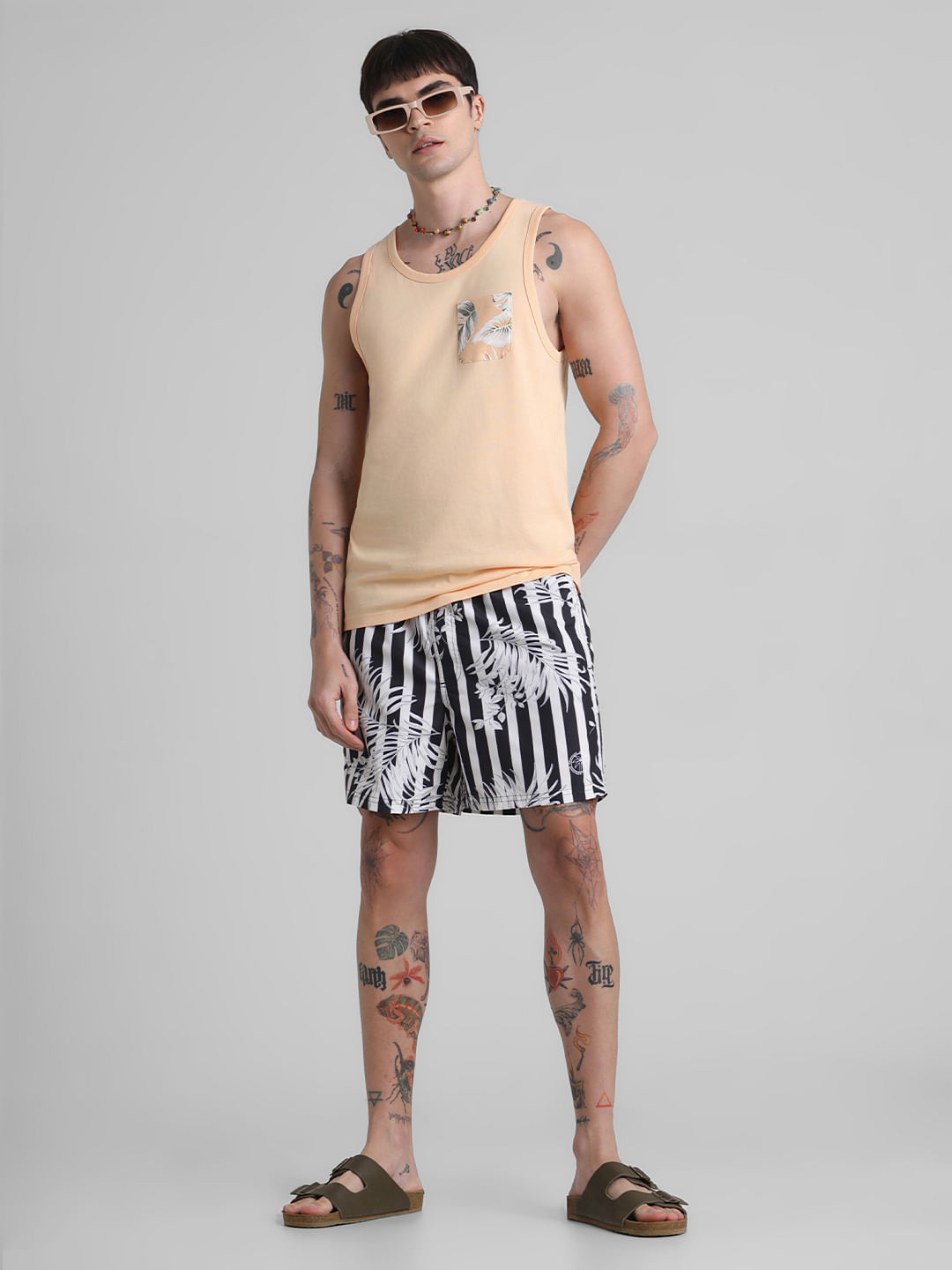 Black Striped Print Swim Shorts