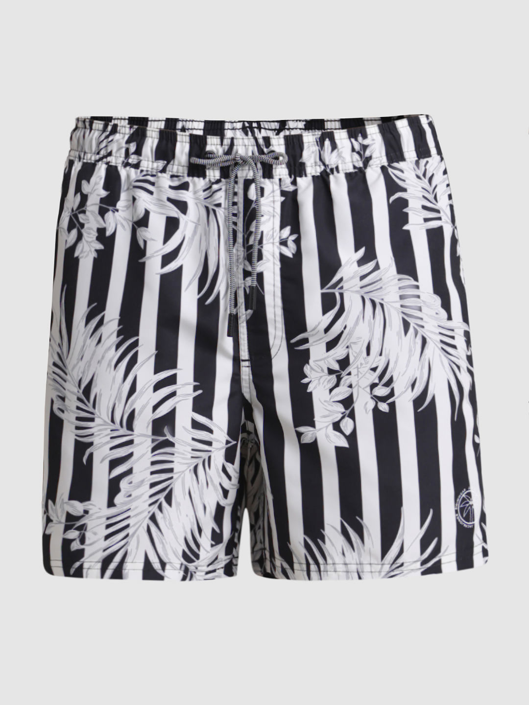 Black Striped Print Swim Shorts