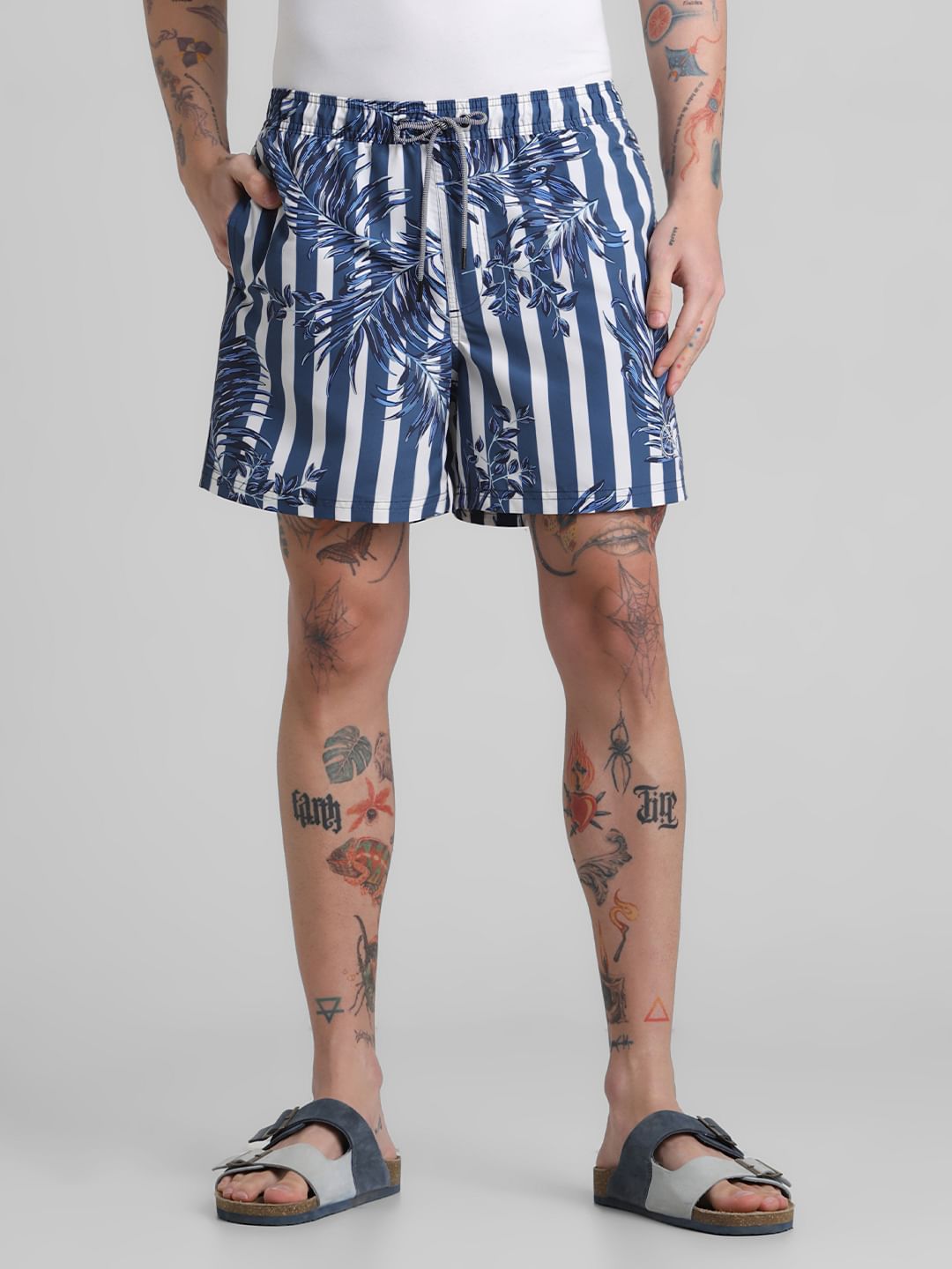 Blues Striped Print Swim Shorts