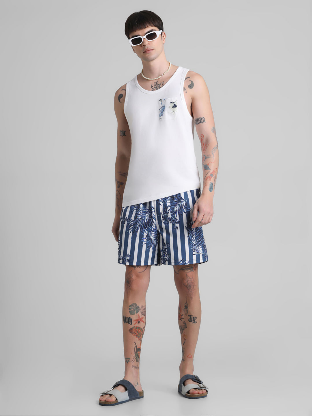 Blues Striped Print Swim Shorts