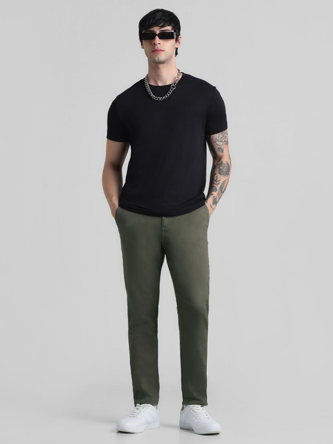 Green Mid Rise Slim Fit Pants