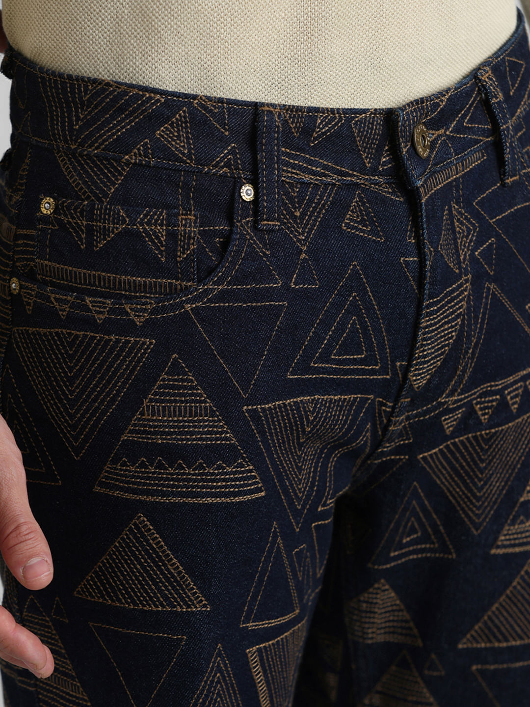 Dark Blue Low Rise Embroidered Denim Shorts