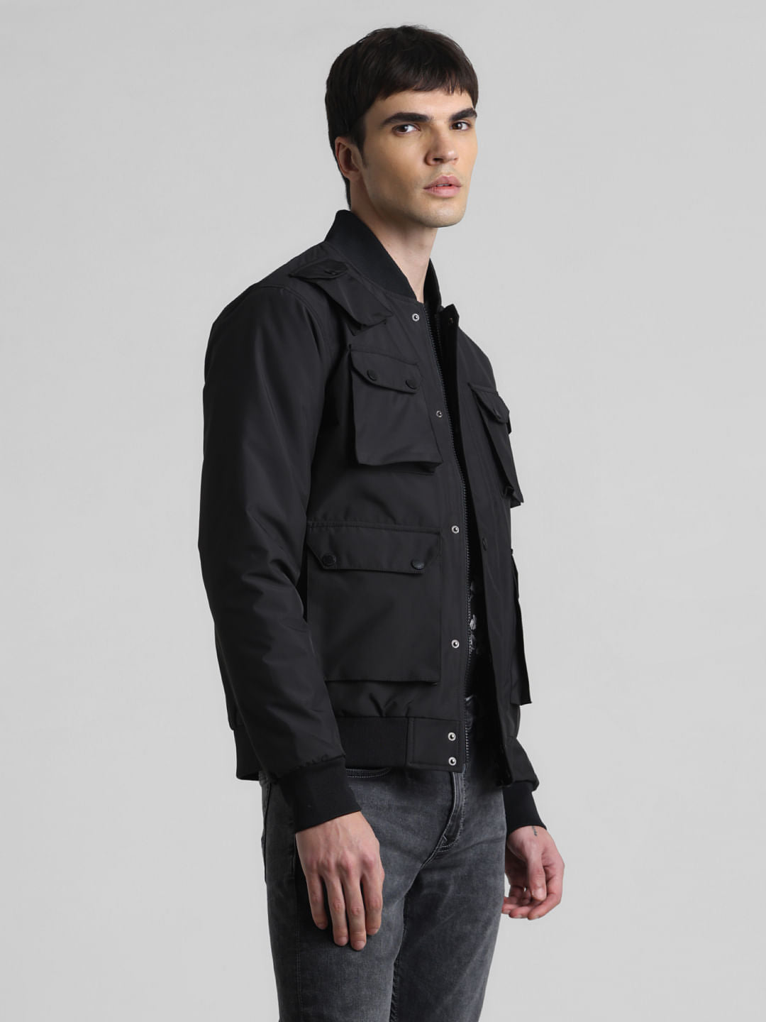 Black Oversized Pockets Bomber Jacket