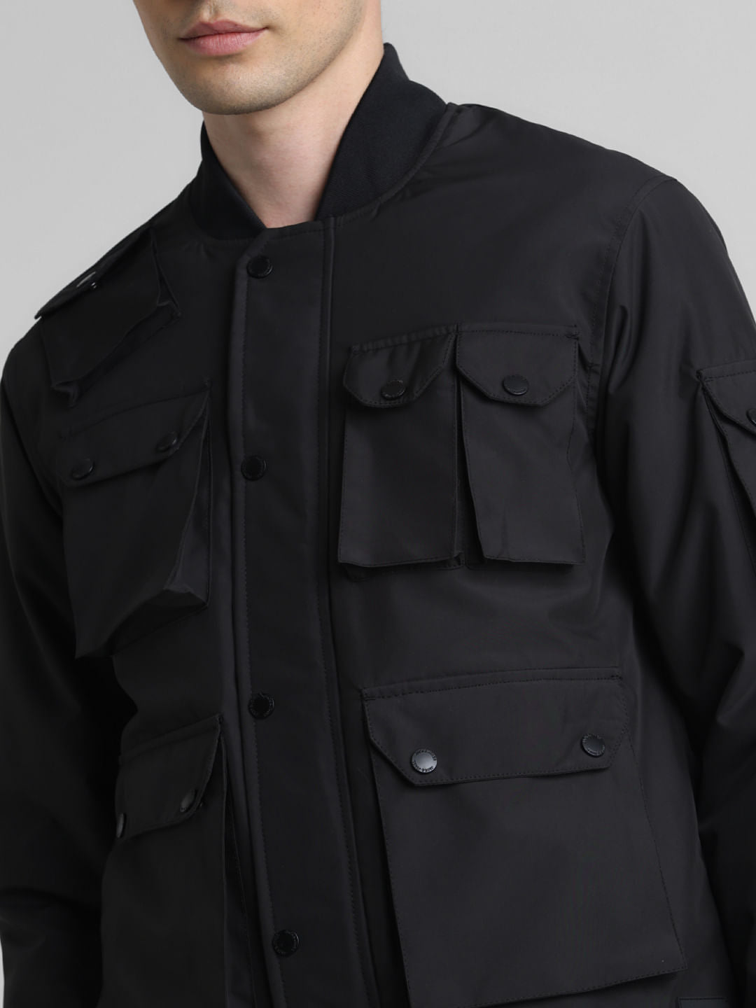 Black Oversized Pockets Bomber Jacket
