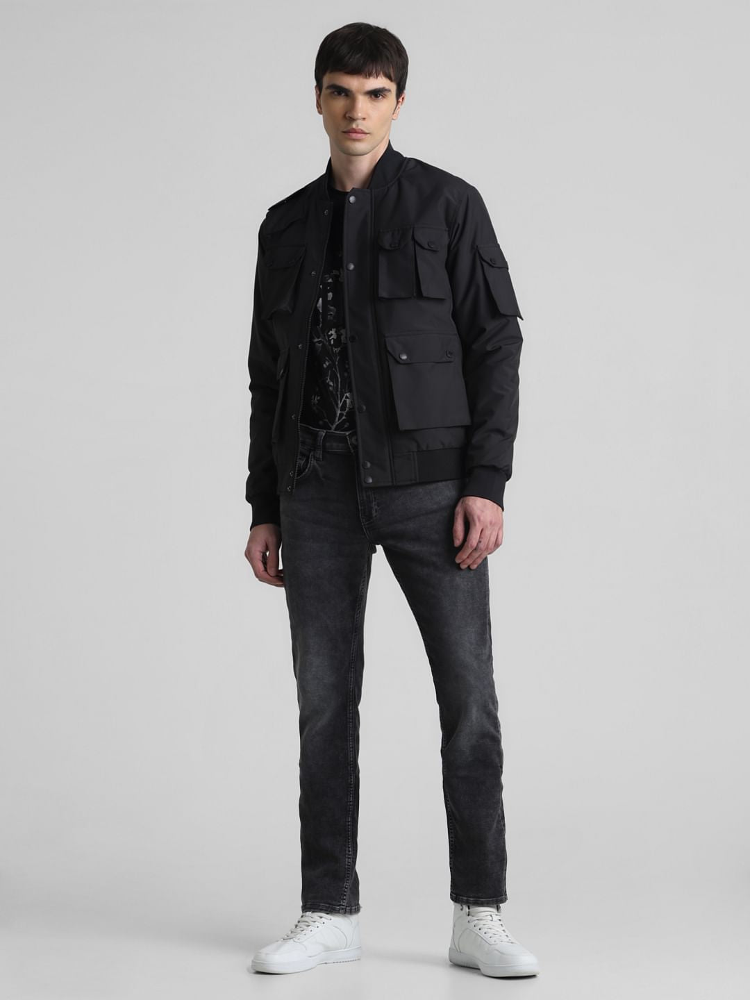 Black Oversized Pockets Bomber Jacket