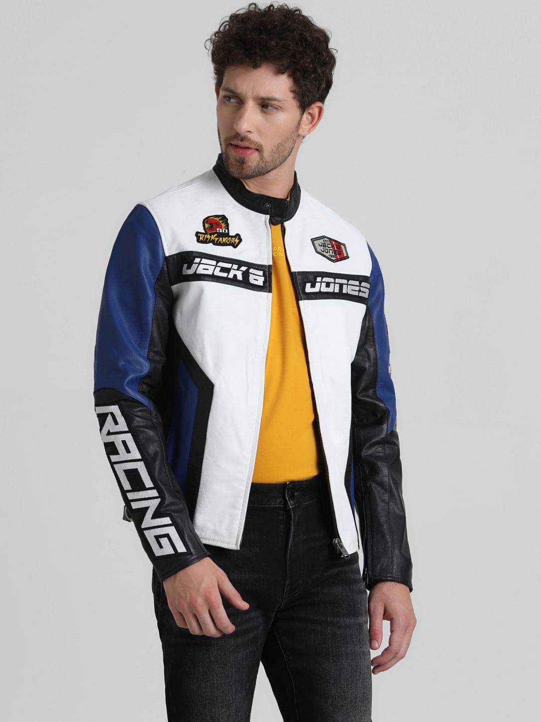 URBAN RACERS by JACK&JONES WHITE COLOURBLOCKED LEATHER JACKET