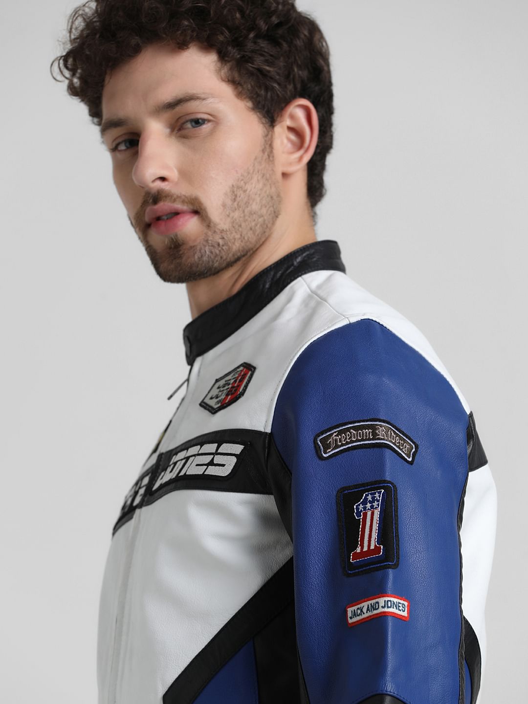URBAN RACERS by JACK&JONES WHITE COLOURBLOCKED LEATHER JACKET