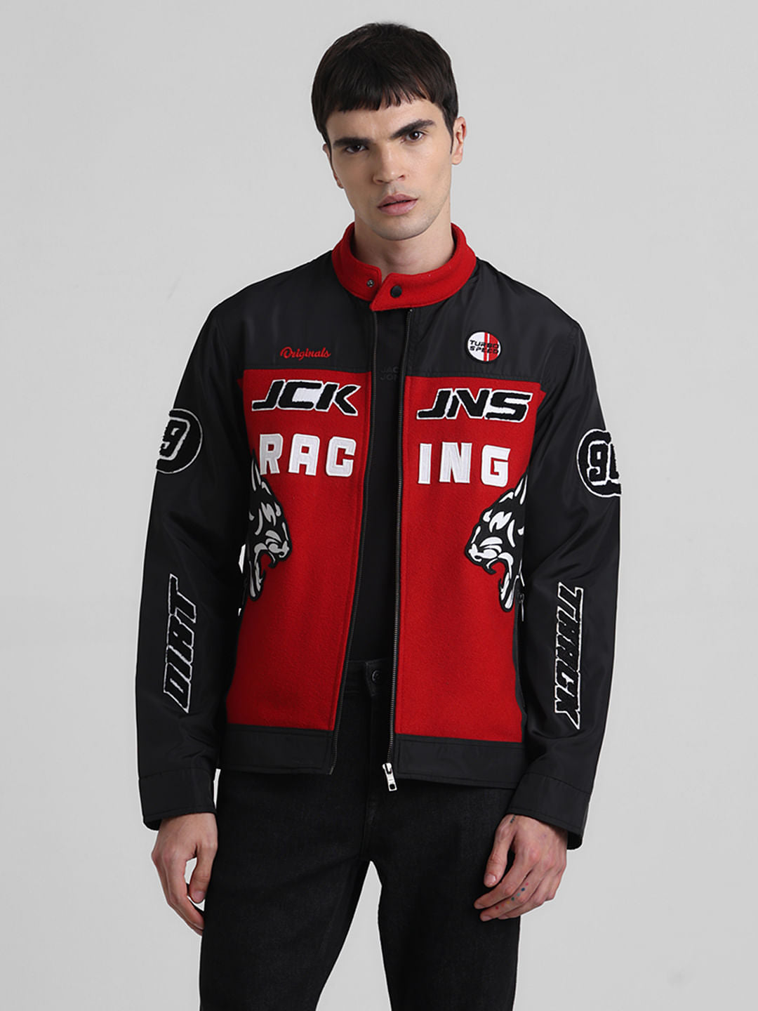 Black Applique Patchwork Racer Jacket