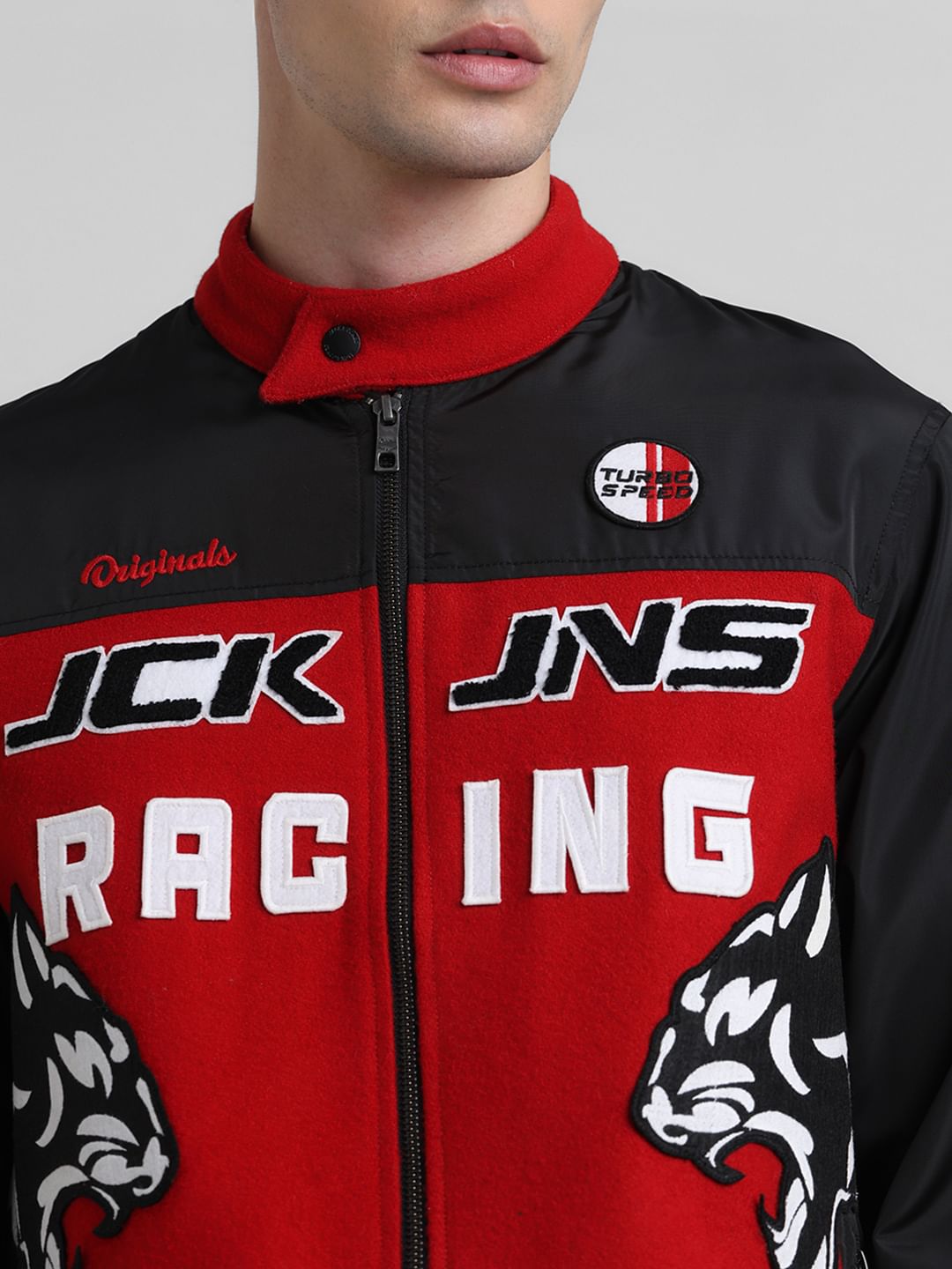 Black Applique Patchwork Racer Jacket