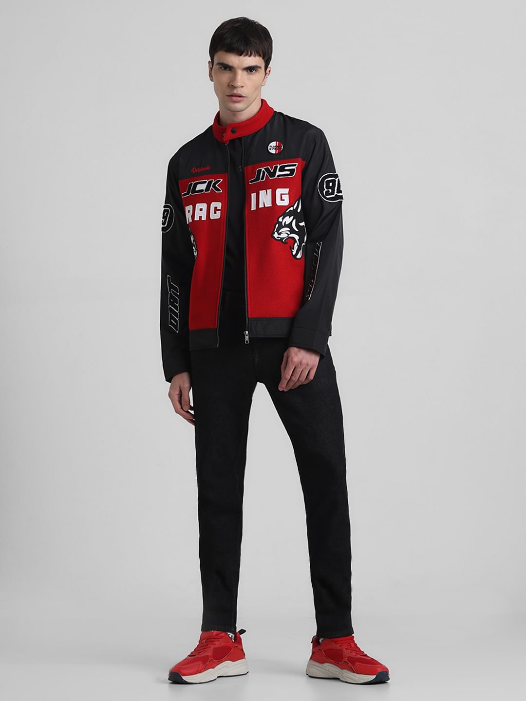 Black Applique Patchwork Racer Jacket