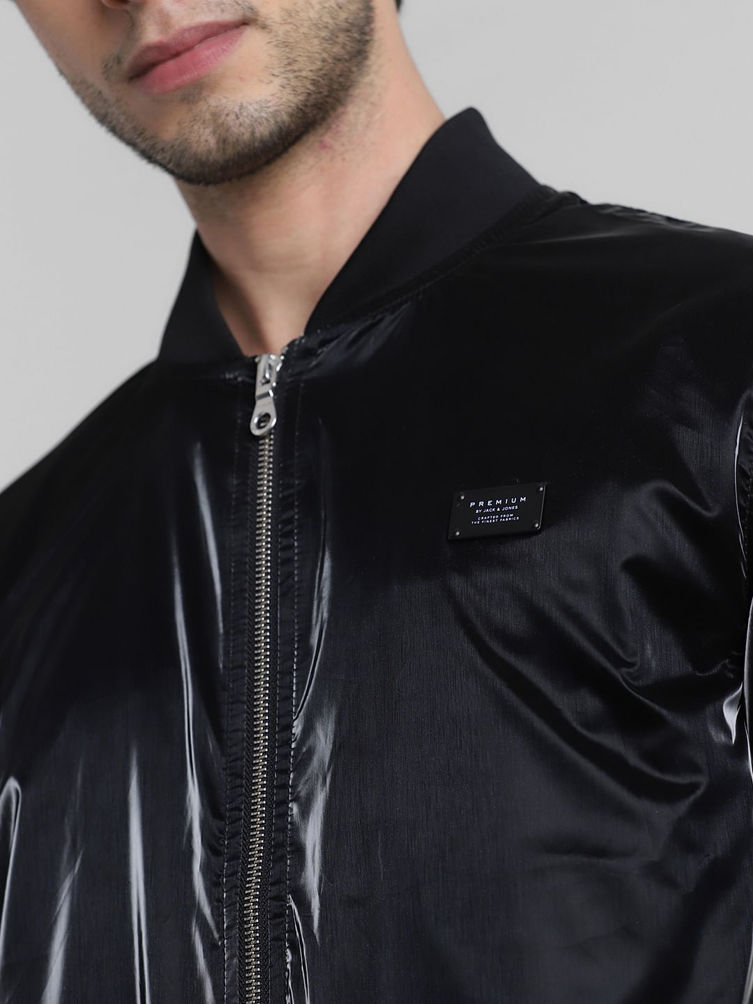 Black Reflective Zip-Up Bomber Jacket