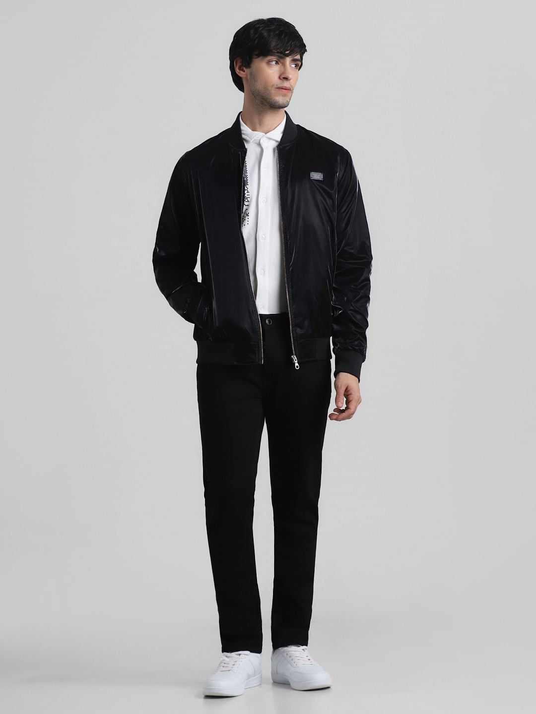 Black Reflective Zip-Up Bomber Jacket