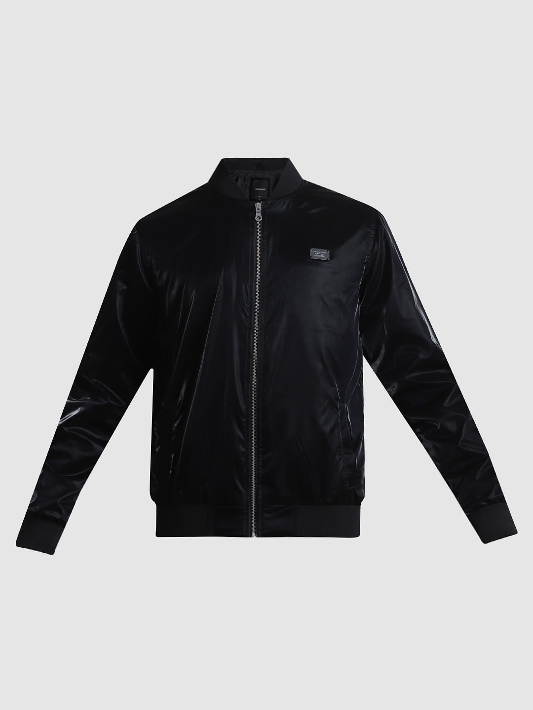 Black Reflective Zip-Up Bomber Jacket