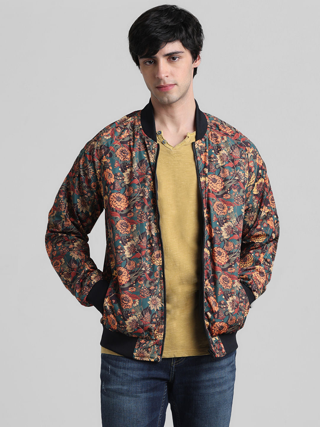 Black Floral Reversible Bomber Jacket