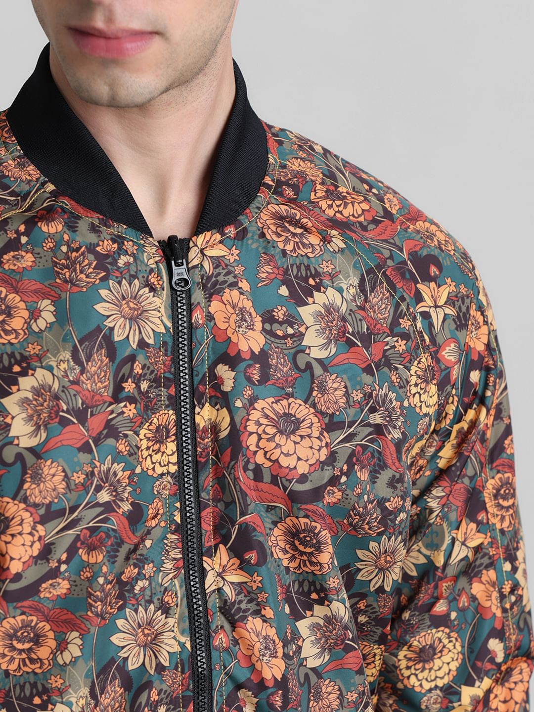 Black Floral Reversible Bomber Jacket