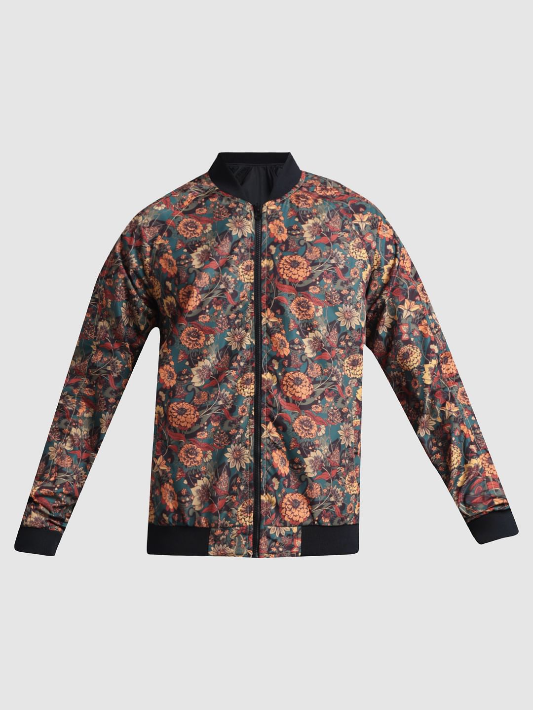 Black Floral Reversible Bomber Jacket
