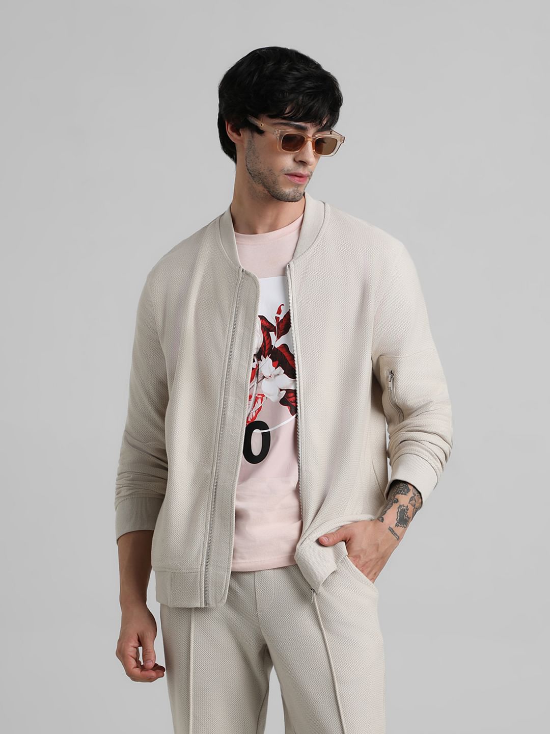 Beige Jacquard Knit Bomber Jacket