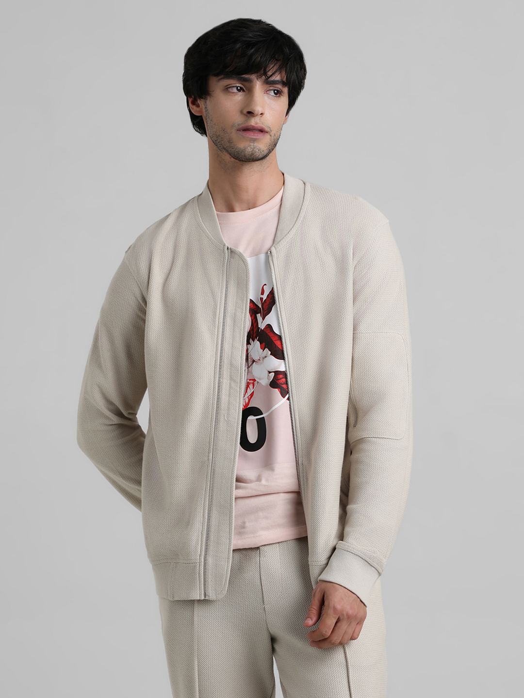 Beige Jacquard Knit Bomber Jacket