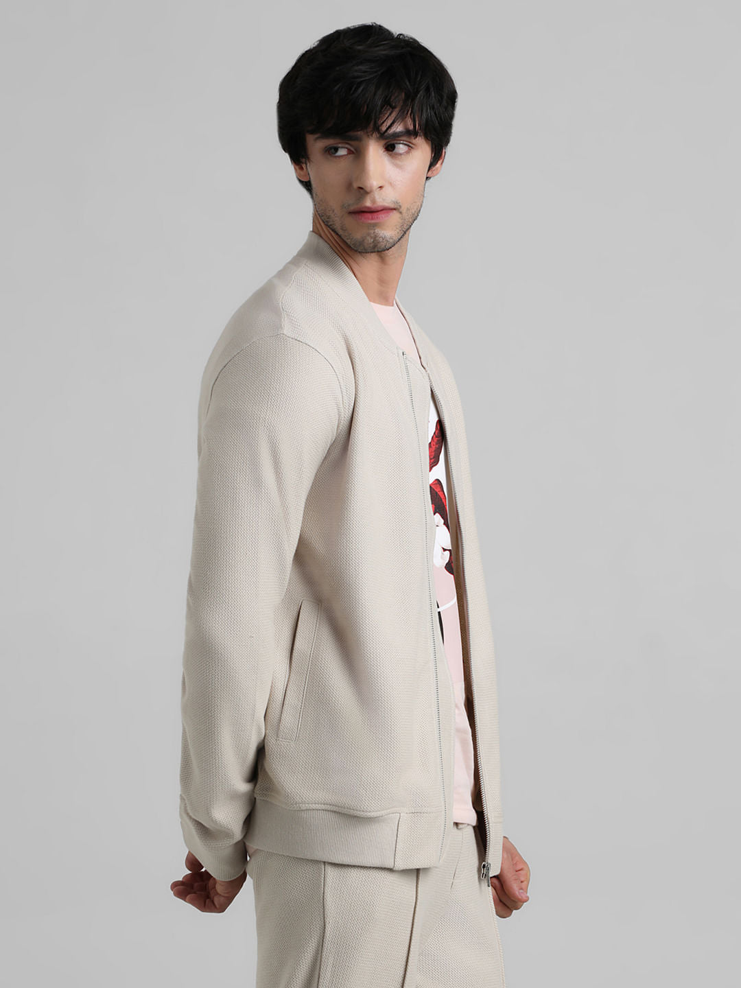 Beige Jacquard Knit Bomber Jacket