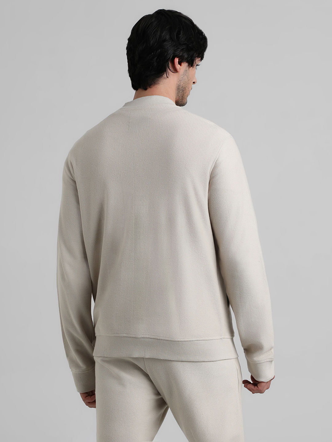 Beige Jacquard Knit Bomber Jacket