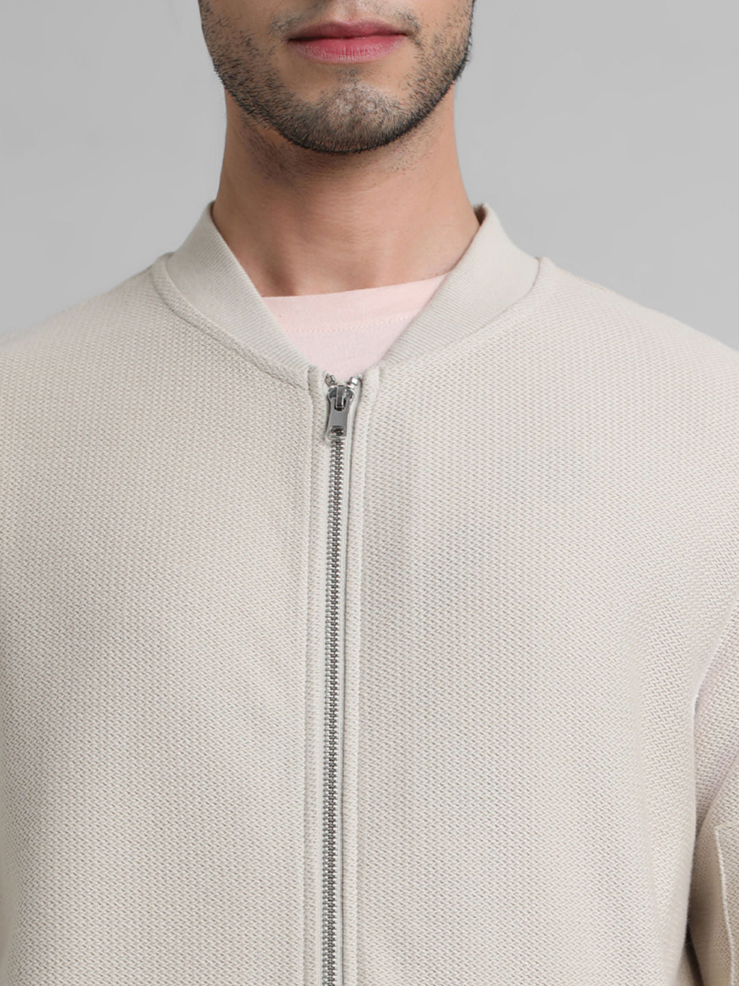 Beige Jacquard Knit Bomber Jacket