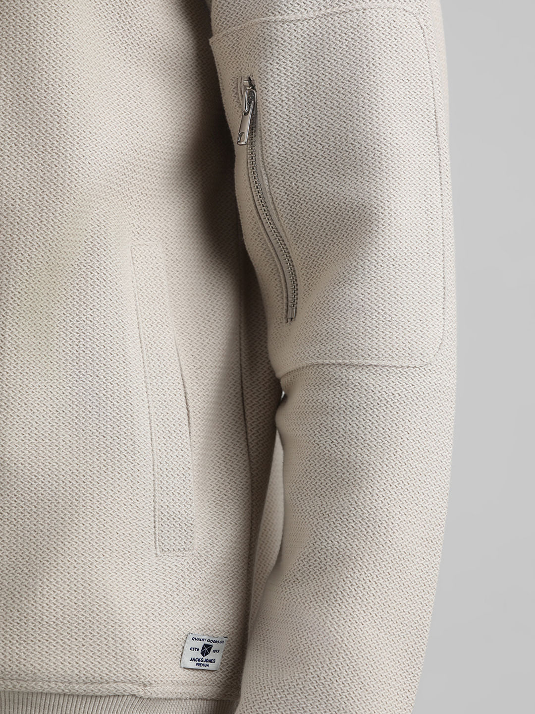 Beige Jacquard Knit Bomber Jacket