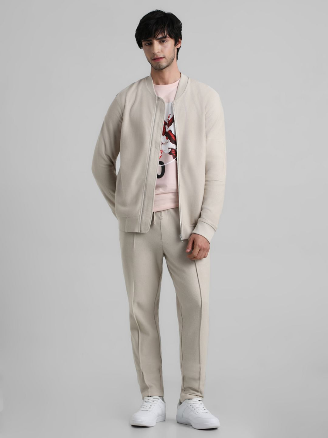 Beige Jacquard Knit Bomber Jacket