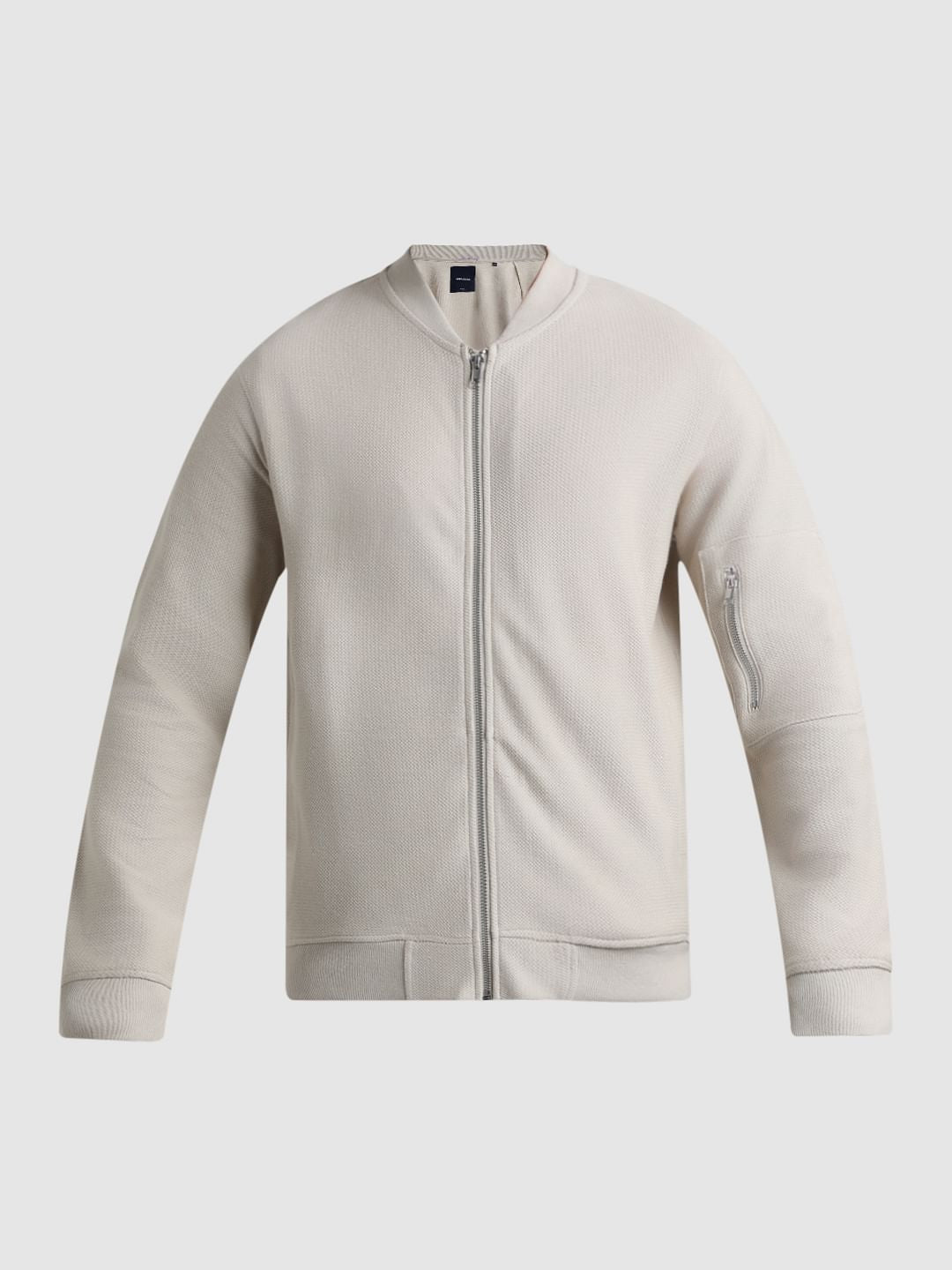 Beige Jacquard Knit Bomber Jacket