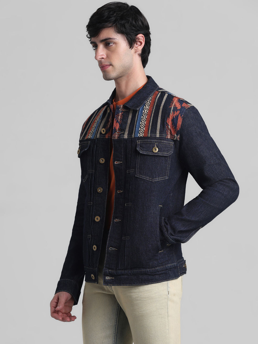 Dark Blue Embroidered Patch Denim Jacket
