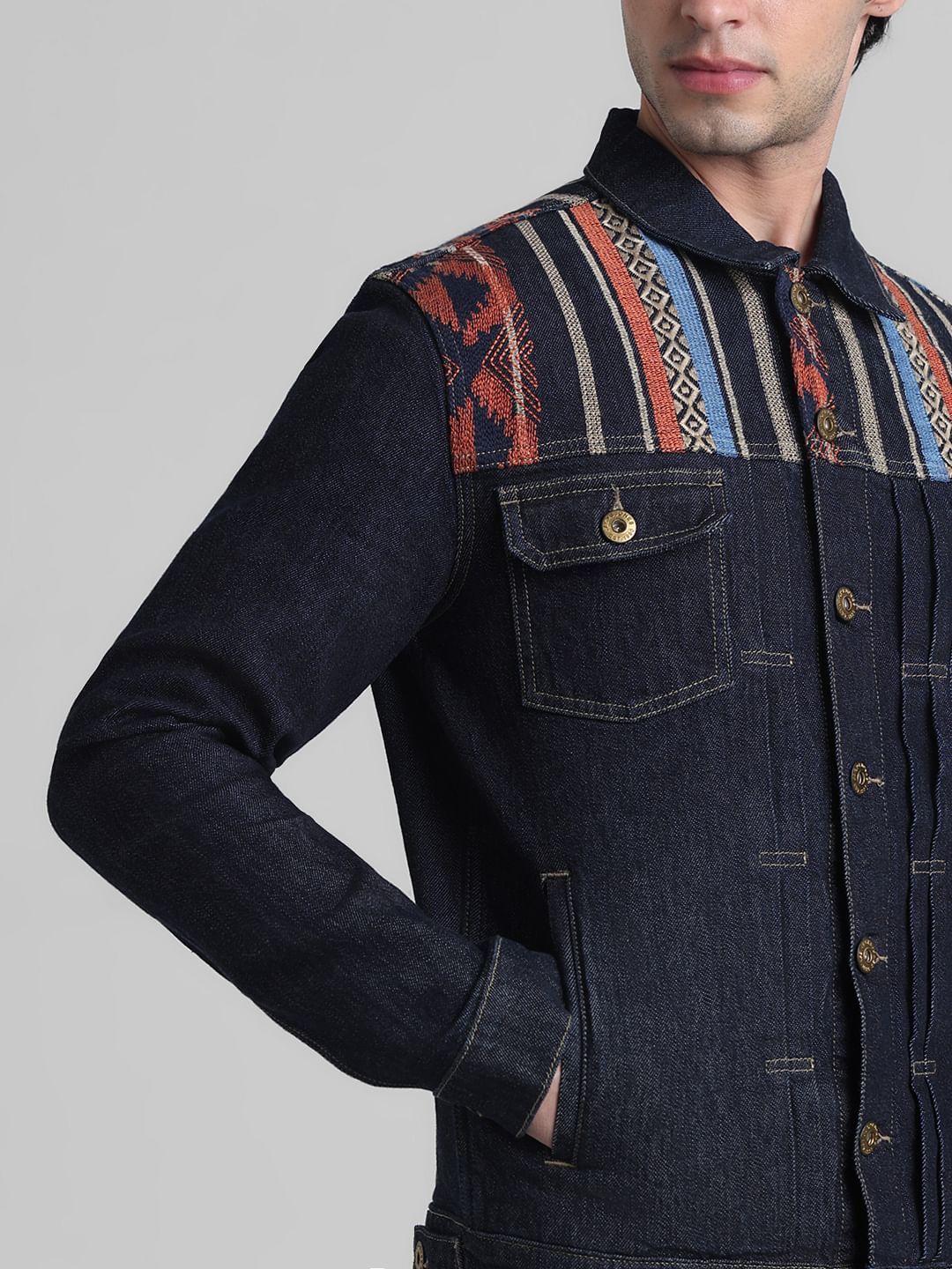 Dark Blue Embroidered Patch Denim Jacket