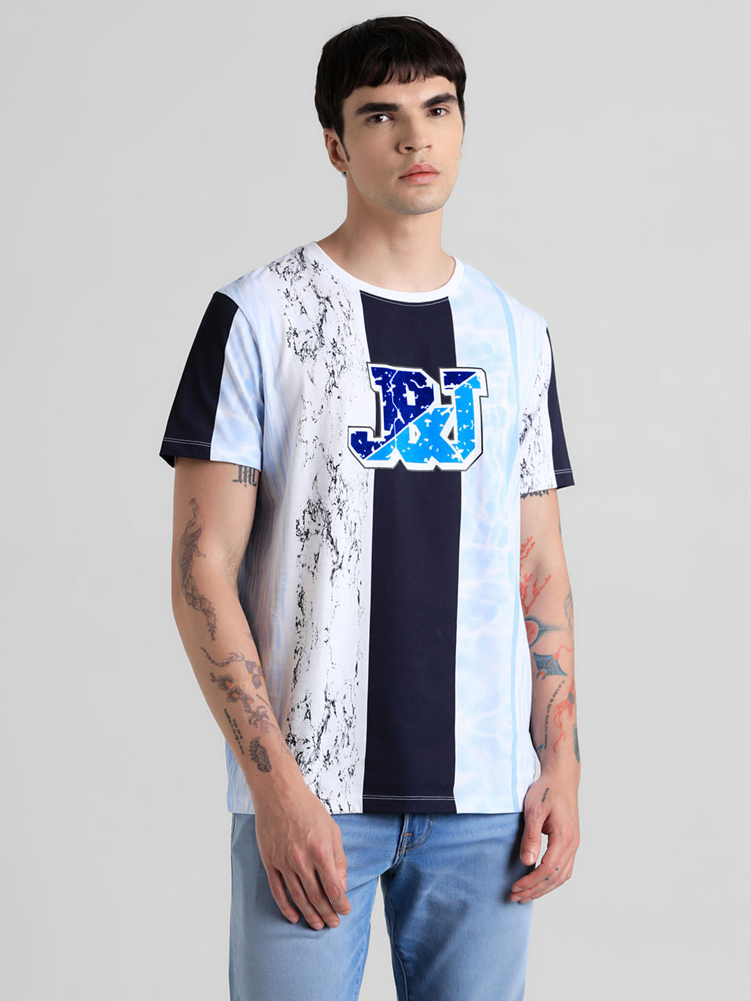 Blue Colourblocked Crew Neck T-shirt