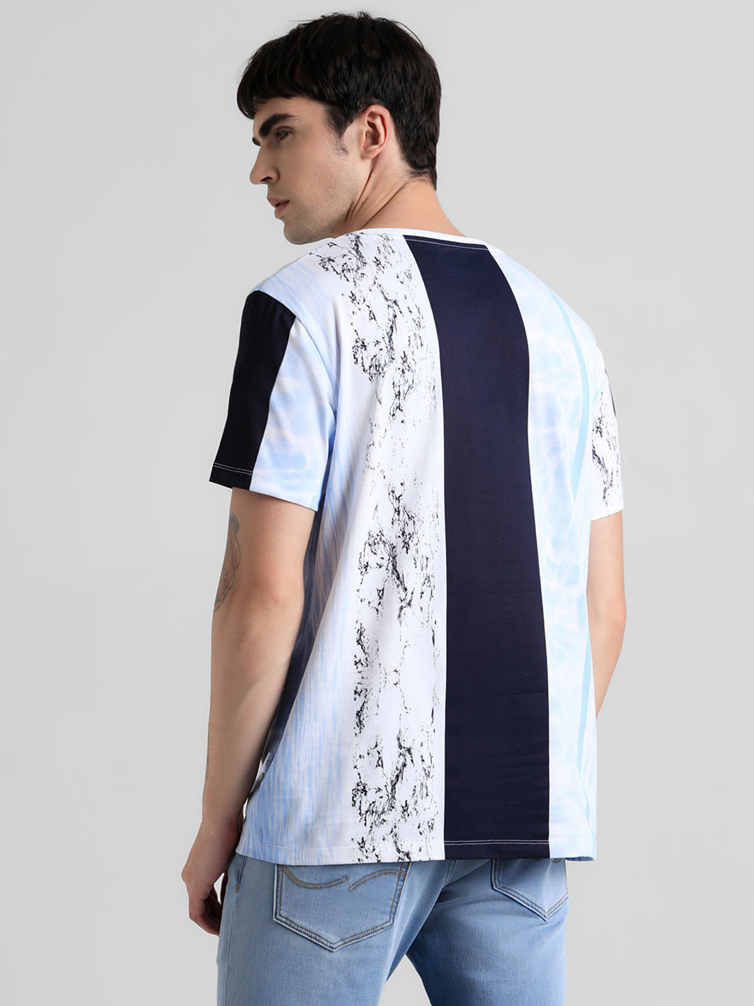 Blue Colourblocked Crew Neck T-shirt