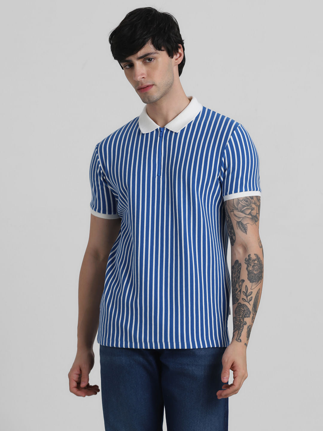 Blue & White Striped Jacquard Polo