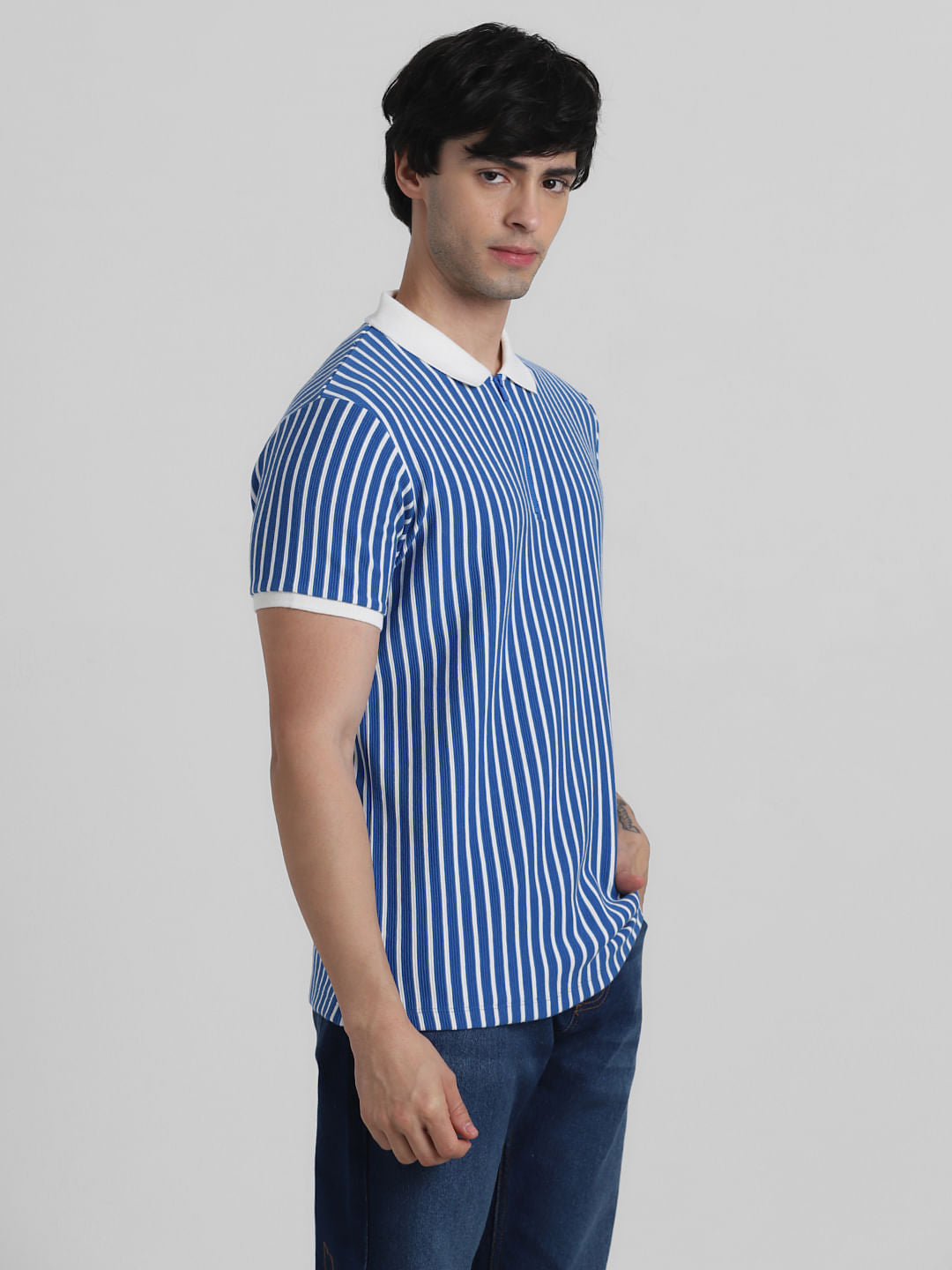 Blue & White Striped Jacquard Polo