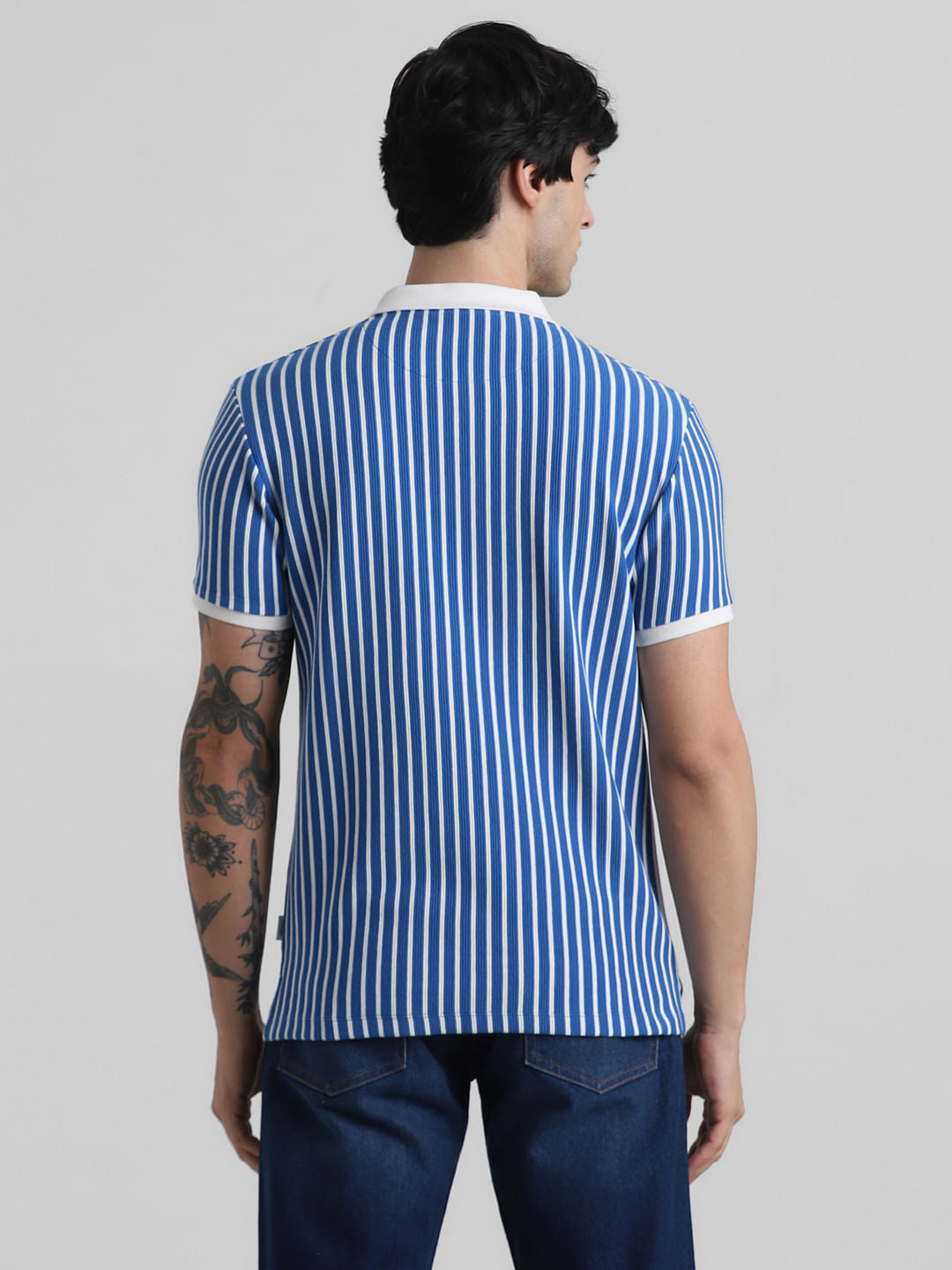 Blue & White Striped Jacquard Polo