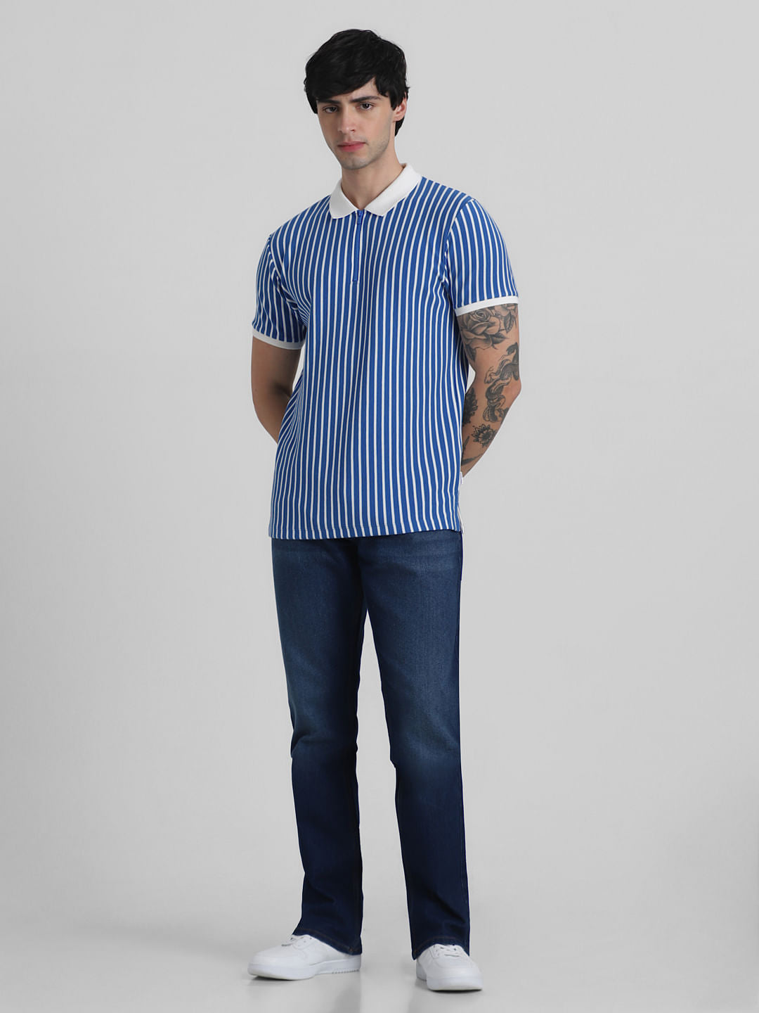 Blue & White Striped Jacquard Polo