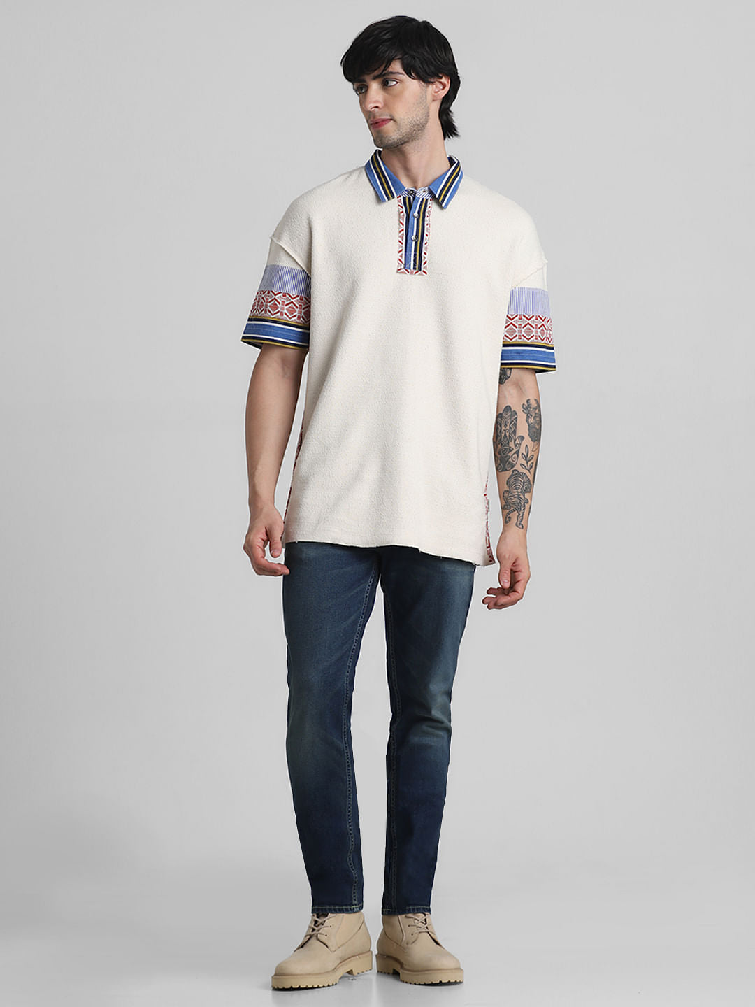 Beige Applique Patchwork Polo