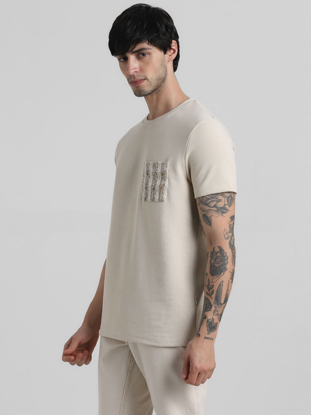 Beige Knitted Pocket Crew Neck T-shirt