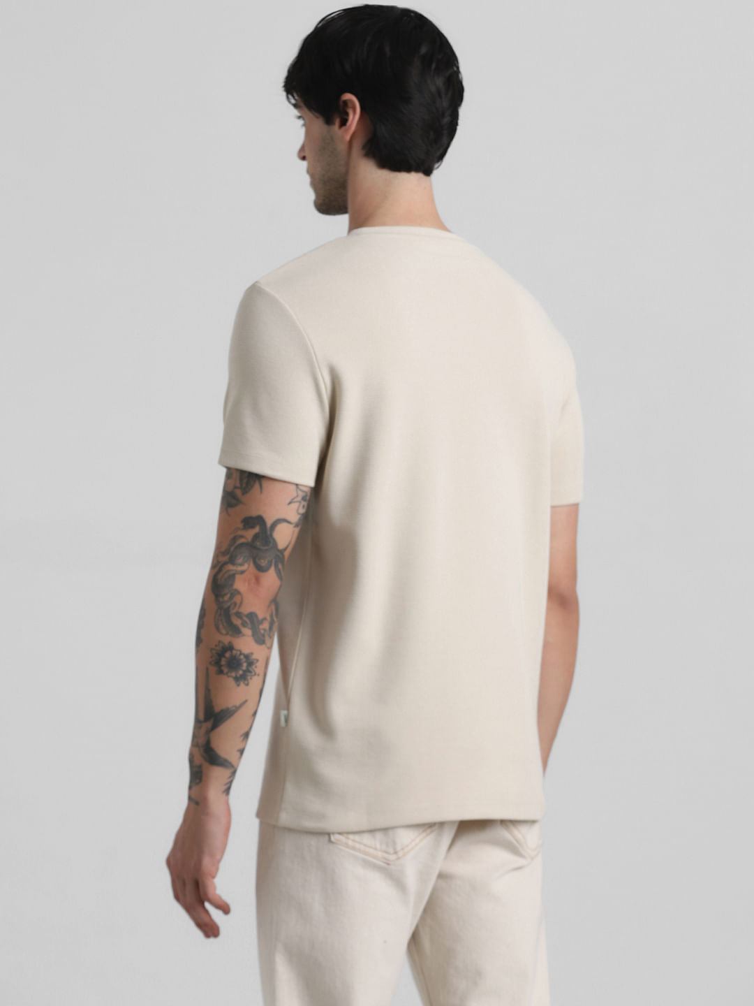 Beige Knitted Pocket Crew Neck T-shirt