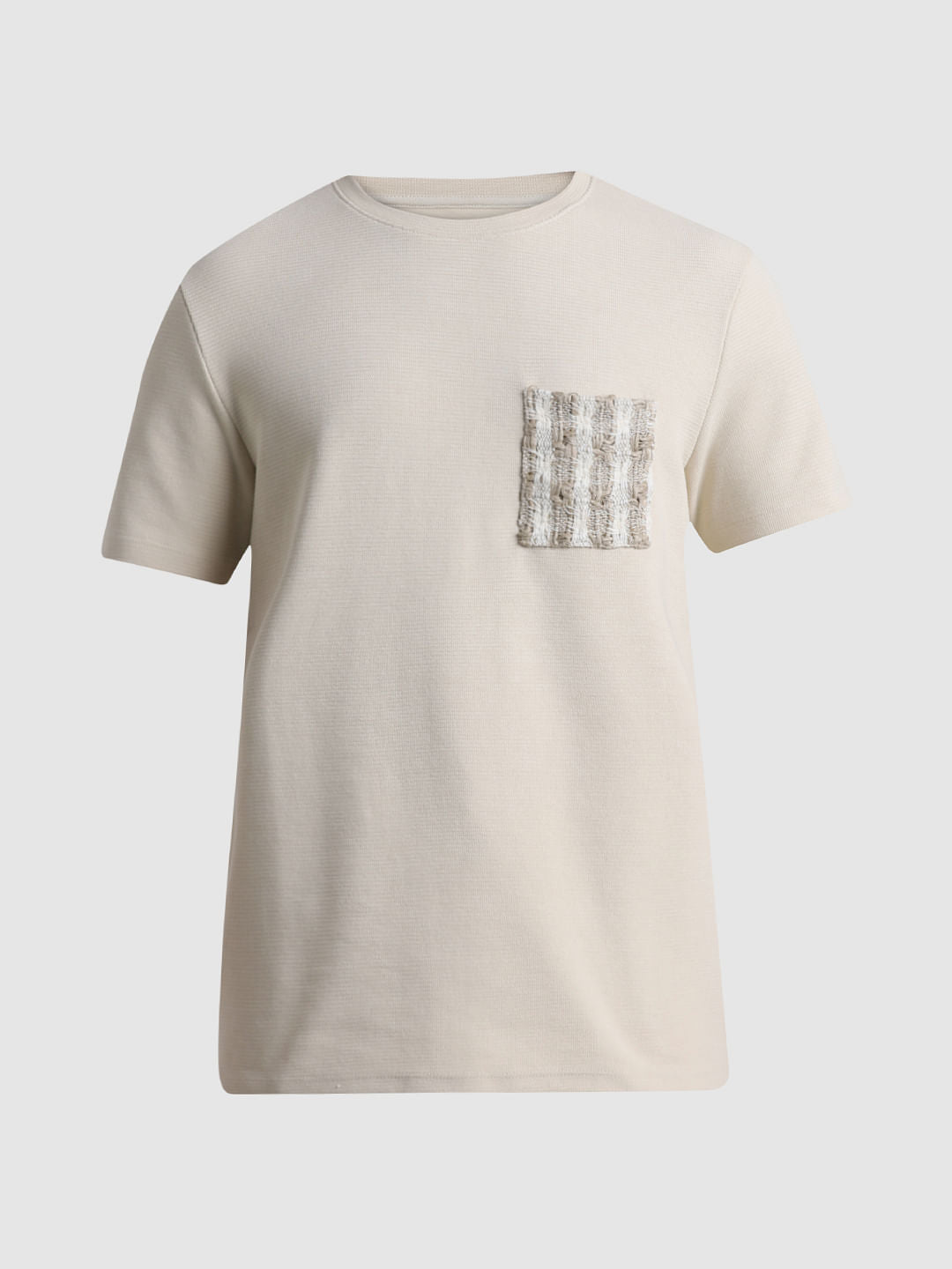 Beige Knitted Pocket Crew Neck T-shirt