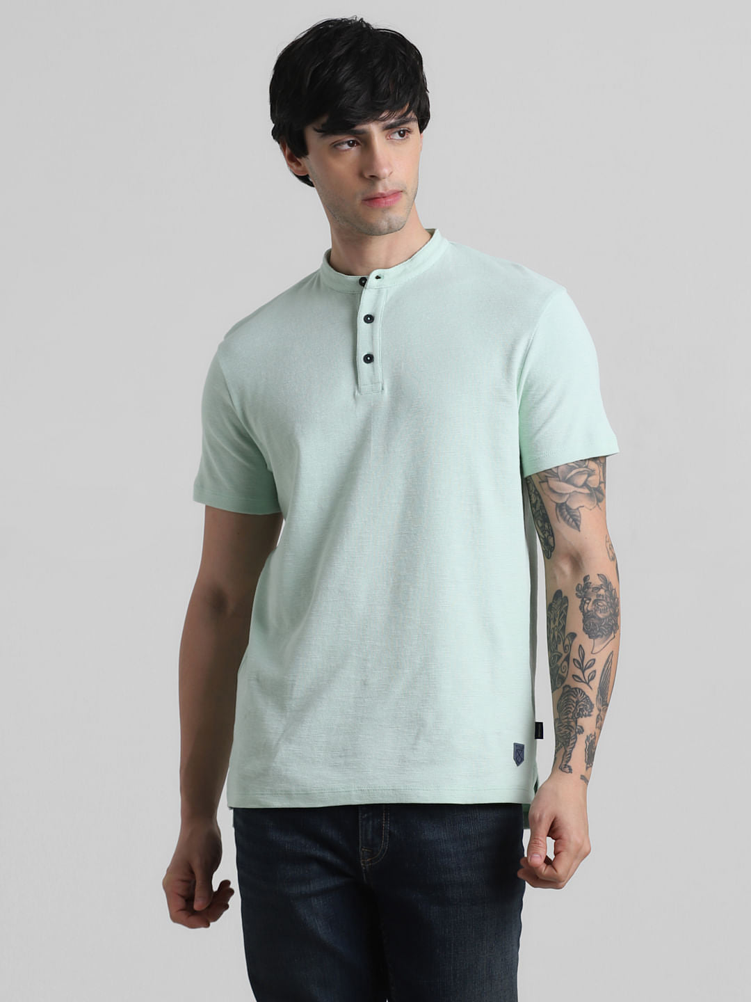 Green Cotton Henley T-shirt