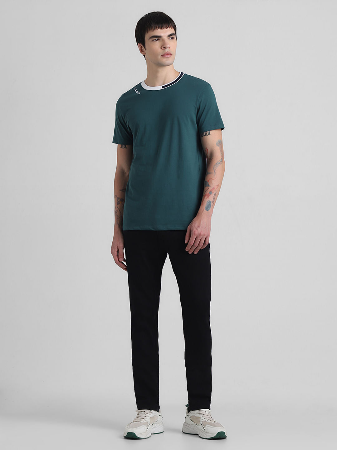 Green Cotton Contrast Neck T-shirt